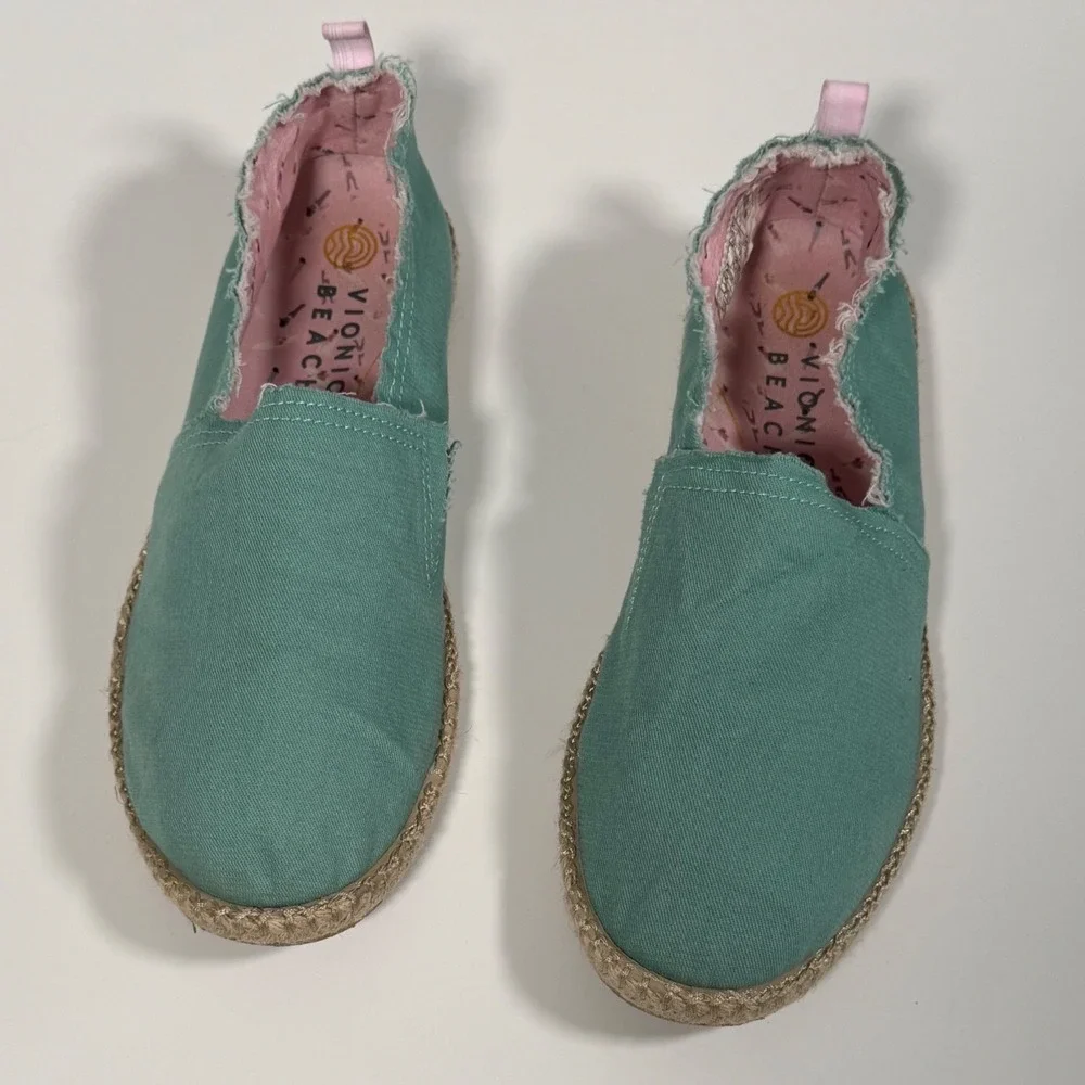 Vionic Beach Laguna Teal Green Canvas Espadrille Slip On Flat Shoes Boho 9